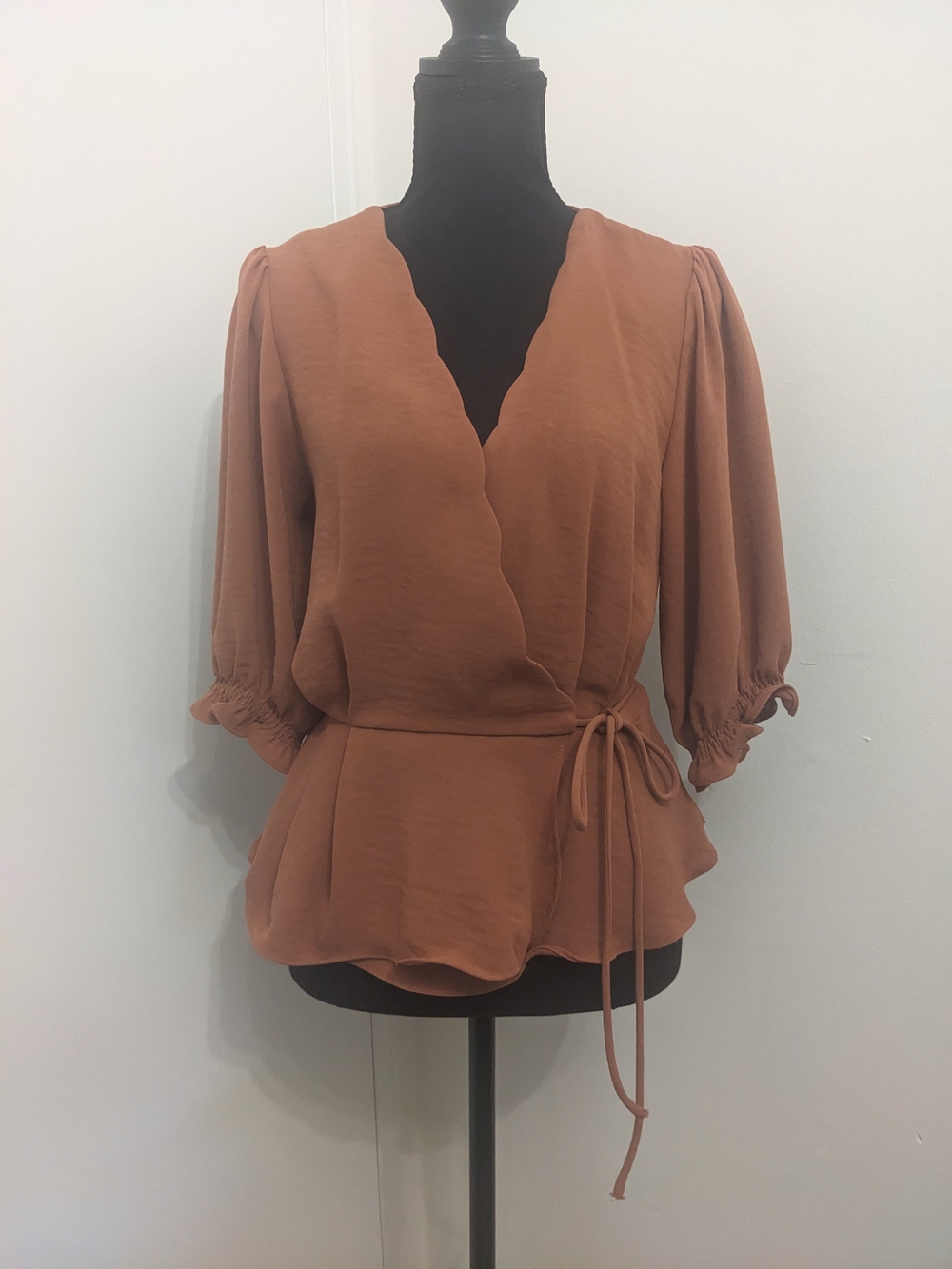 Mustard Seed Rust Peplum Blouse with Scalloped Hem, Wrap Tie, & Gathered Sleeves